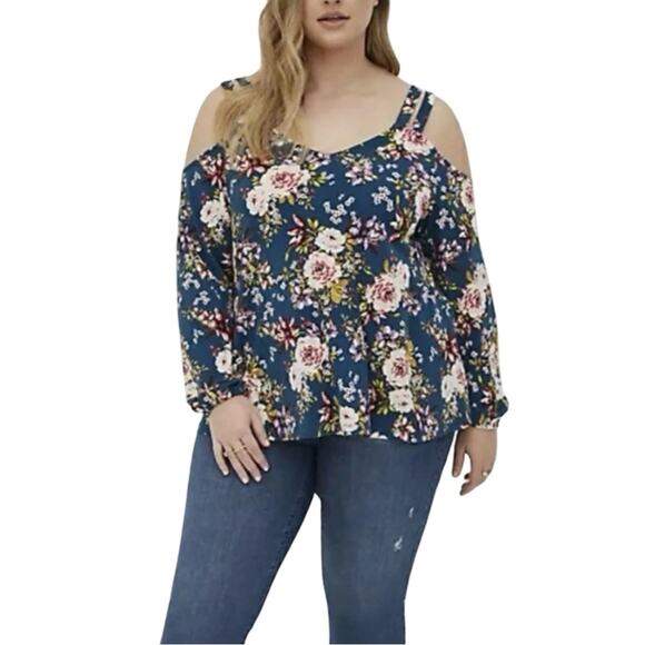 torrid Tops - Torrid Floral Cold Shoulder Blouse - Blue and White plus size 4
